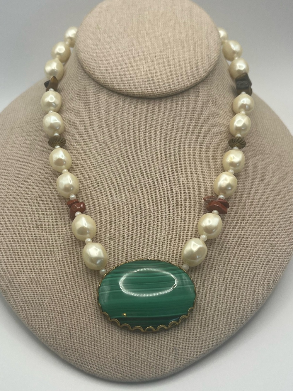 Vintage Miriam Haskell Faux Pearl and Faux Malachite Pendant
